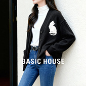 女秋慵懒感毛衣外套 百家好黑色V领猫咪提花针织开衫 Basic House