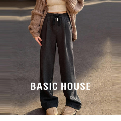 Basic House/百家好纯色休闲阔腿裤女新款加绒加厚宽松绵羊毛长裤