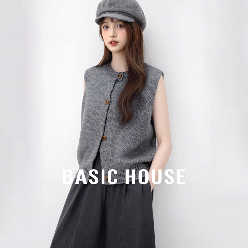 Basic House/百家好叠穿针织马甲背心女早秋新款显瘦坎肩无袖上衣