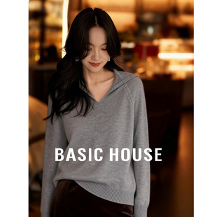 Basic House/百家好灰色套头羊毛衫连帽针织女冬软糯亲肤宽松毛衣