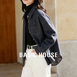 百家早春新款复古老钱风牛仔衬衫女宽松显瘦气质拼接纽扣外套上衣