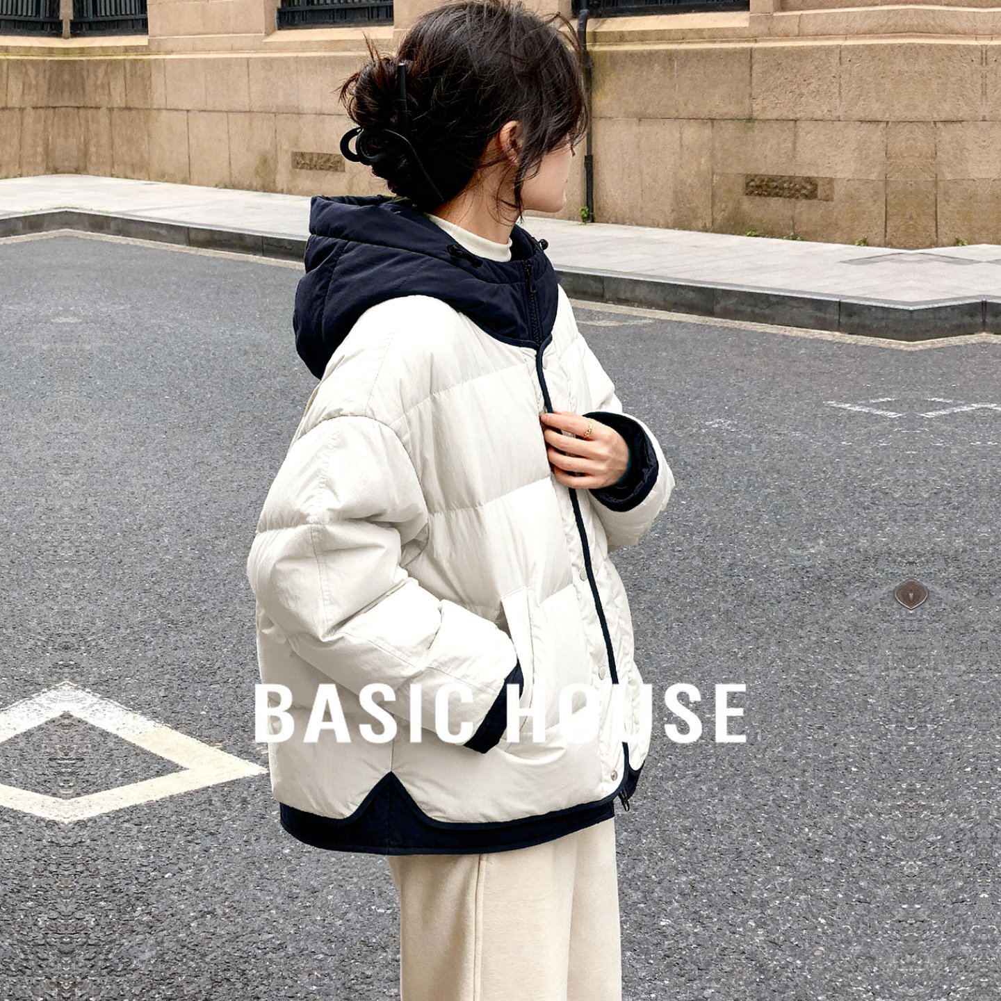 Basic House/百家好撞色鸭绒羽绒服女士冬季新款保暖百搭短款外套,女装/女士精品,羽绒服,淘宝优惠券,粉丝福利购,淘宝优惠卷