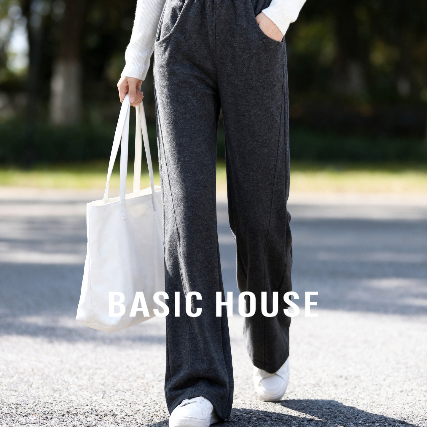 Basic House/百家好灰色直筒垂感休闲裤秋冬宽松显瘦松紧腰香蕉裤