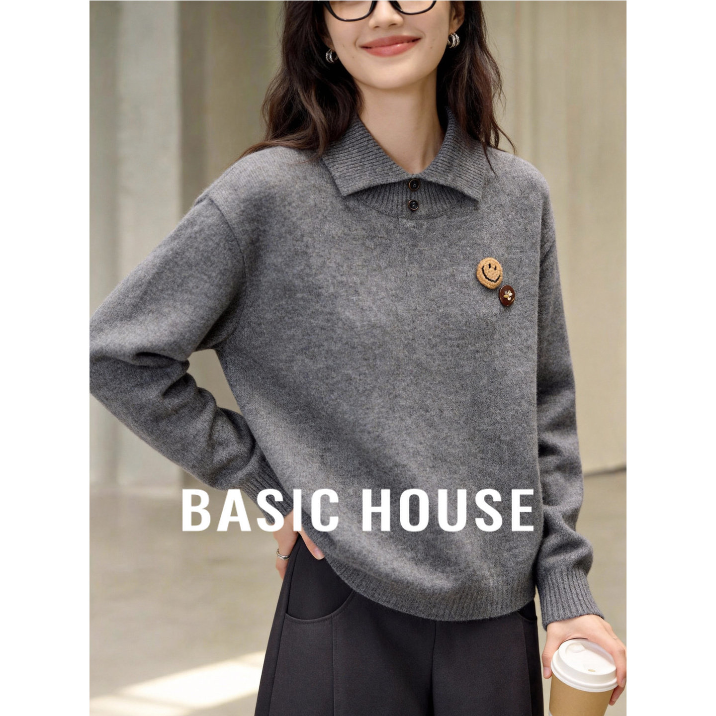 百家好灰色翻领绵羊毛针织衫上衣春季新款女士宽松减龄慵懒风毛衣