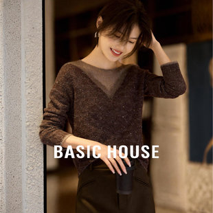 半透V领宽松显瘦温柔风毛衣女 新款 百家好深棕亮片拼接针织衫 春季