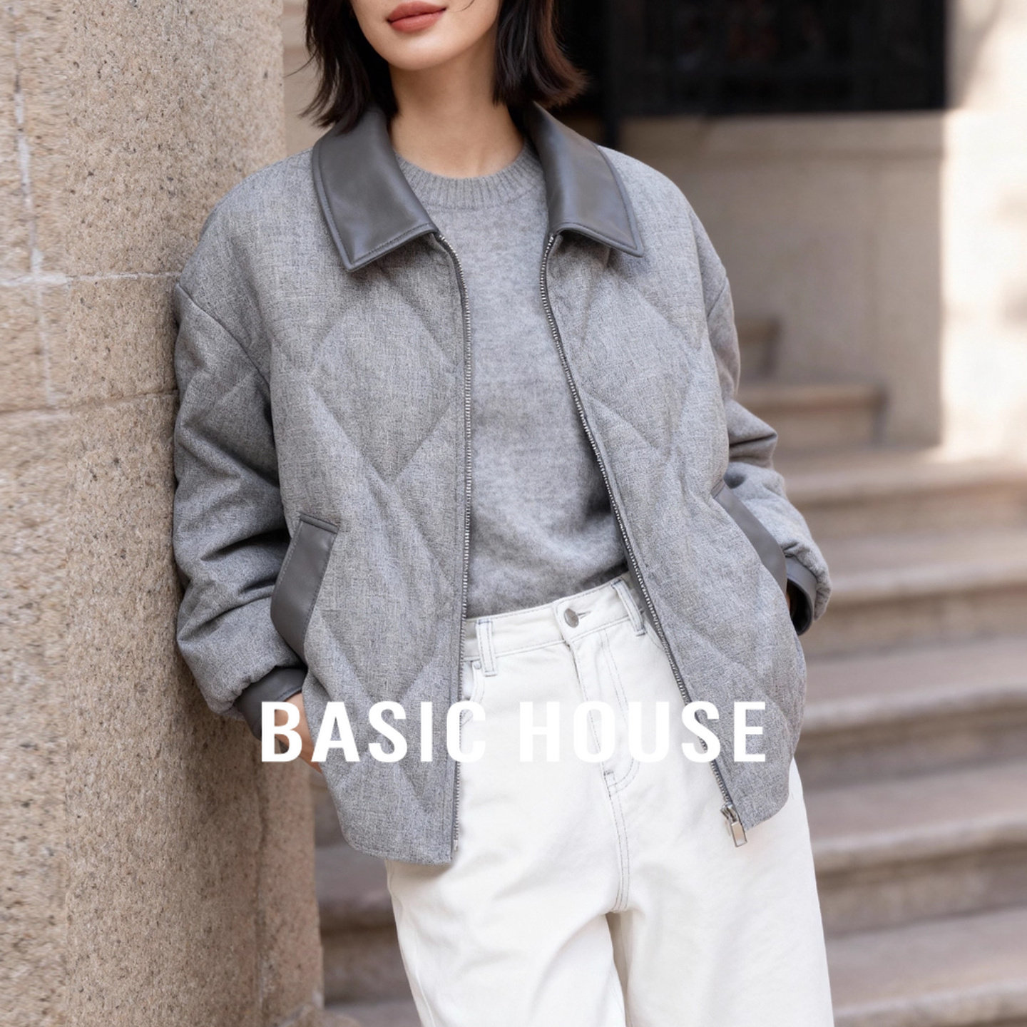 皮领翻领拼接羽绒服