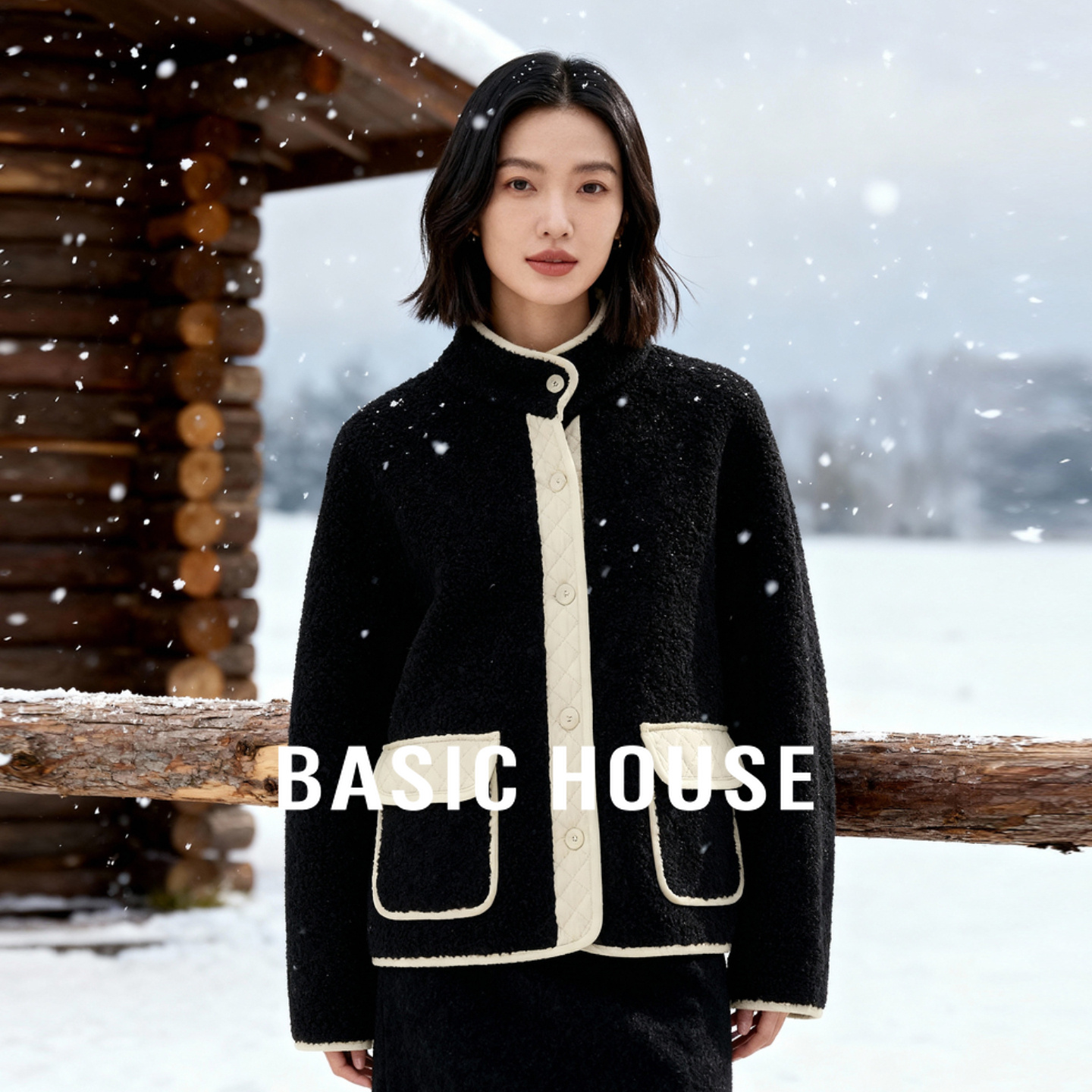 Basic House/百家好小个子摇粒绒外套高级感撞色拼接冬季新款上衣