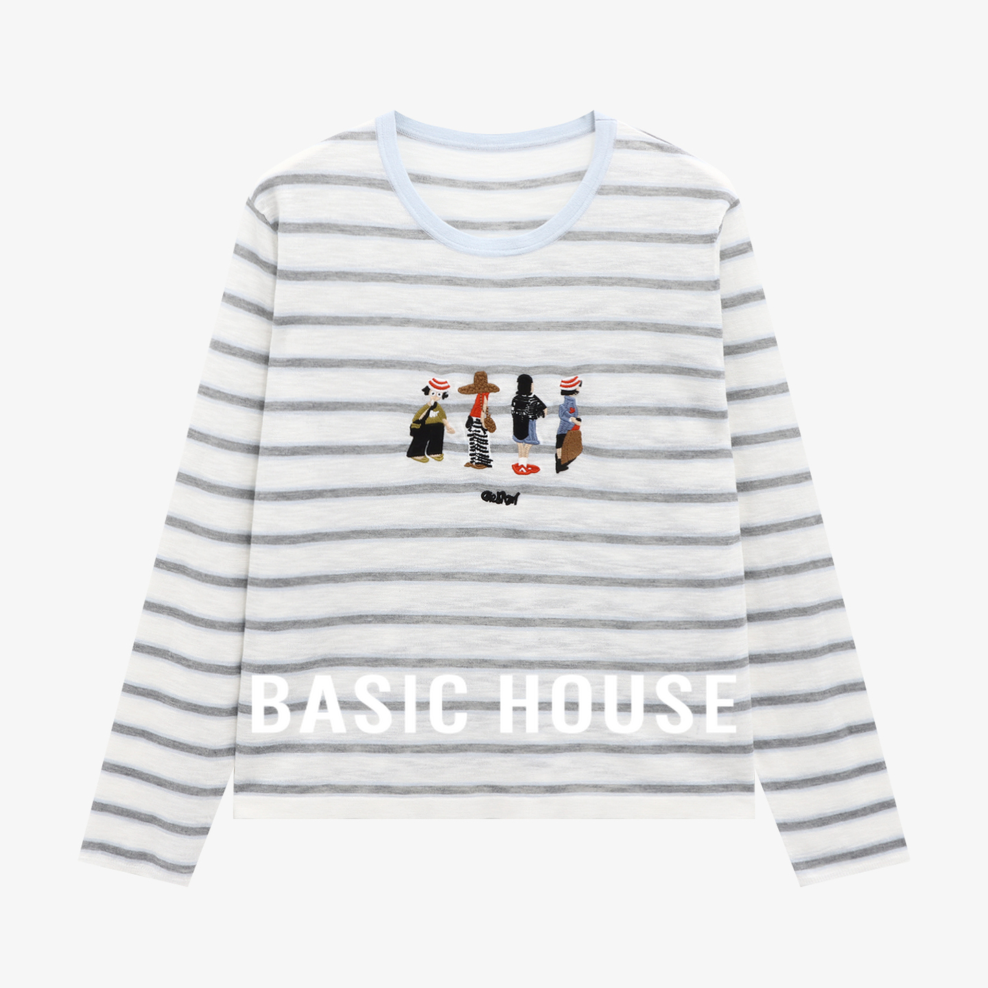 Basic House/百家好条纹长袖针织衫女早秋新款趣味卡通刺绣上衣