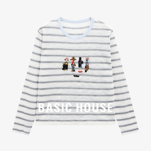 Basic House/百家好条纹长袖针织衫女早秋新款趣味卡通刺绣上衣