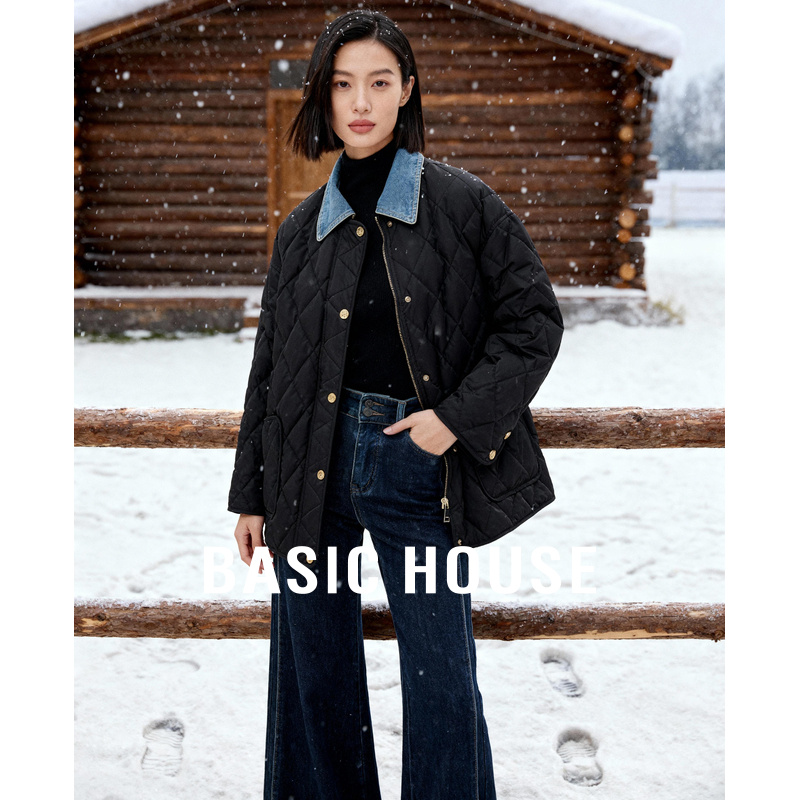 Basic House/百家好牛仔衬衫式羽绒服女冬韩版不臃肿短款菱格外套