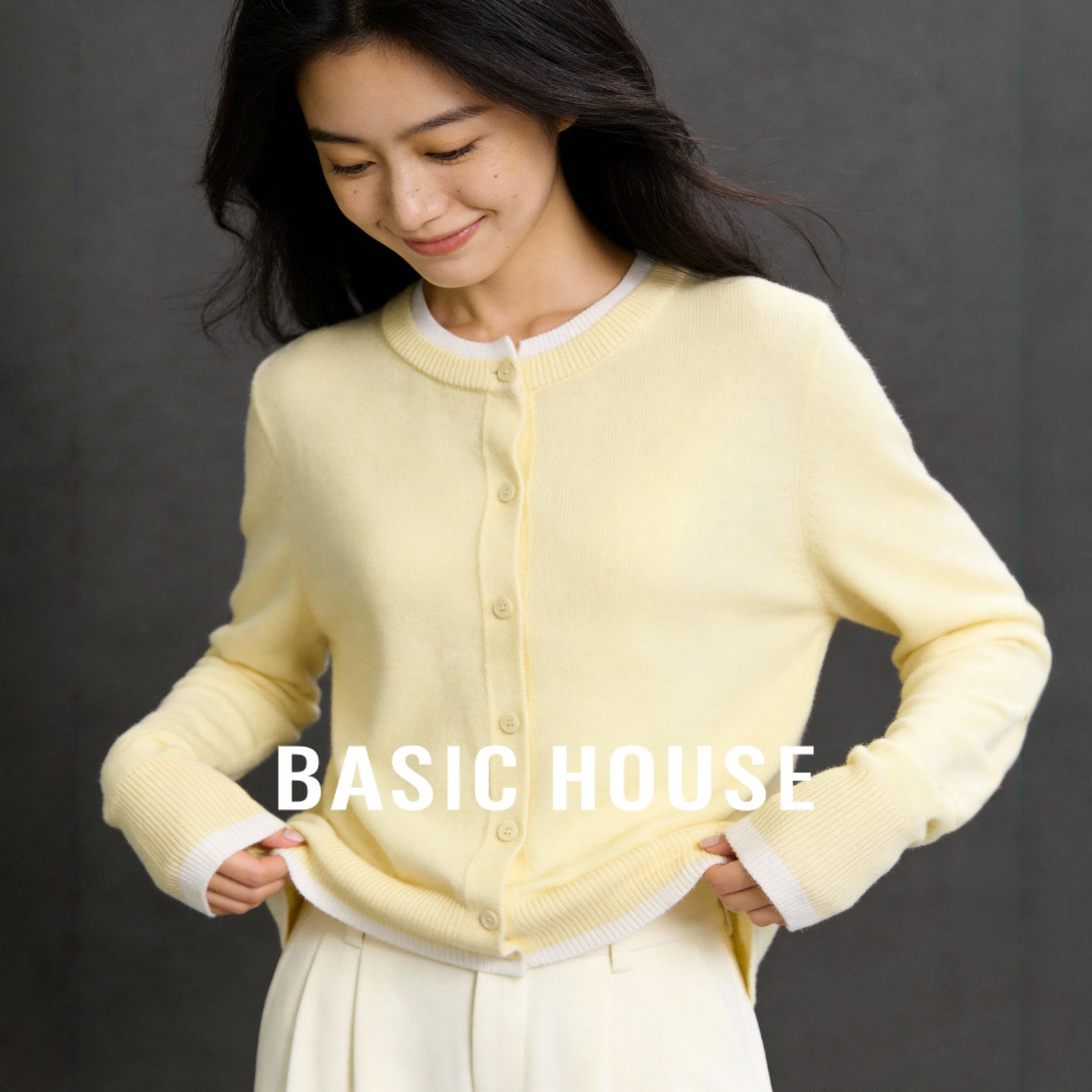 百家好撞色假两件针织开衫上衣女早春新款绵羊毛遮肉显瘦毛衣外套