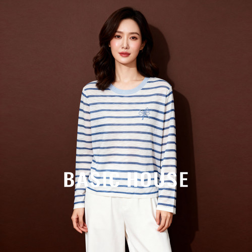Basic House/百家好条纹针织衫女春夏新款蝴蝶结刺绣慵懒宽松上衣