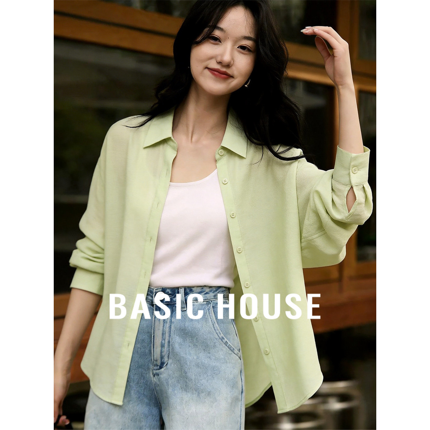 Basic House/百家好韩系浅绿宽松衬衫女春装显瘦通勤百搭长袖上衣