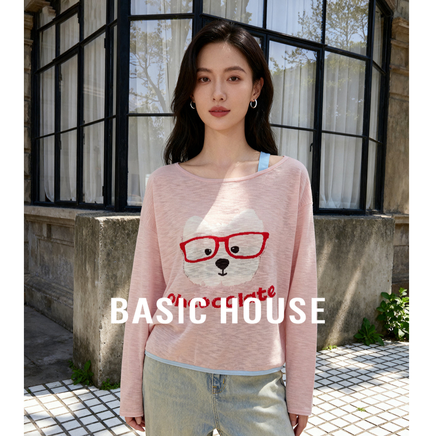 Basic House/百家好撞色小狗刺绣长袖针织衫秋季新款套头圆领上衣
