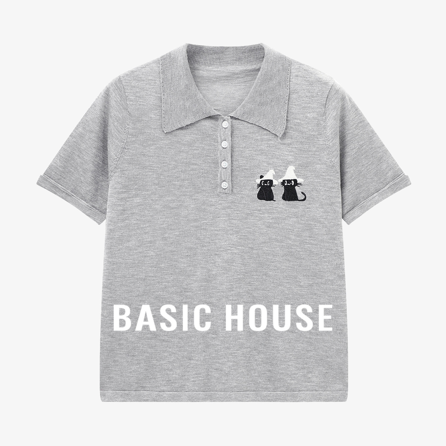 Basic House/百家好猫咪刺绣polo领短袖针织衫夏季纯色套头上衣女