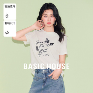 Basic House/百家好个性花朵刺绣设计感夏季新款宽松短袖针织衫女