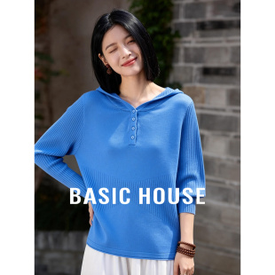 针织衫 Basic 蓝色连帽长袖 百家好韩式 女宽松百搭半开扣上衣 House