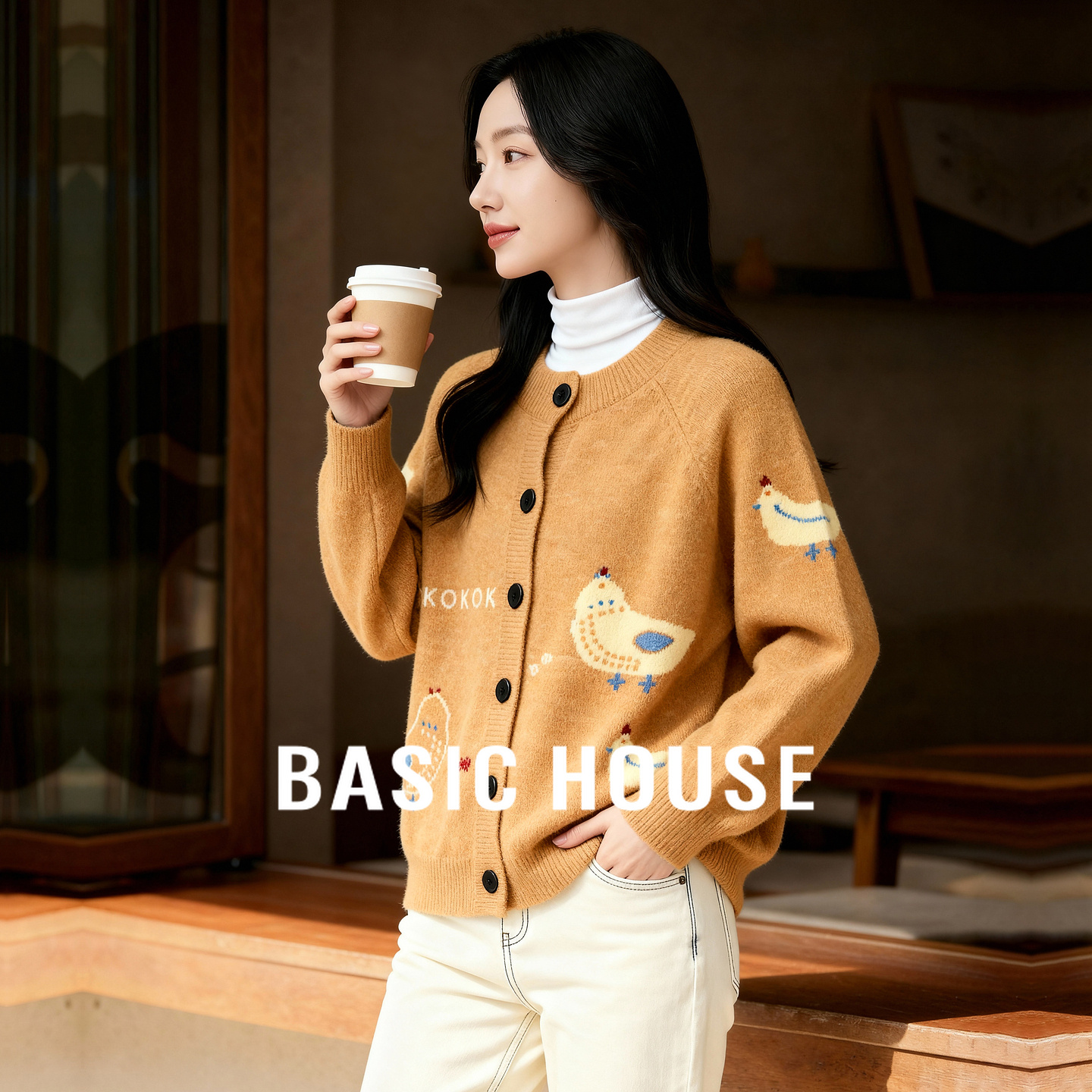 Basic House/百家好趣味提花针织开衫女秋冬宽松显瘦外穿毛衣外套