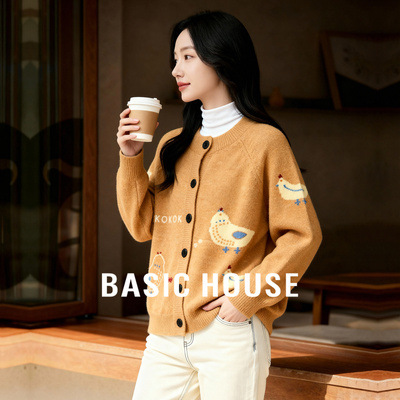 Basic House/百家好趣味提花针织开衫女秋冬宽松显瘦外穿毛衣外套