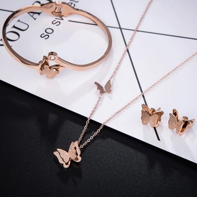 Titanium steel rose gold necklace earrings suit butterfly