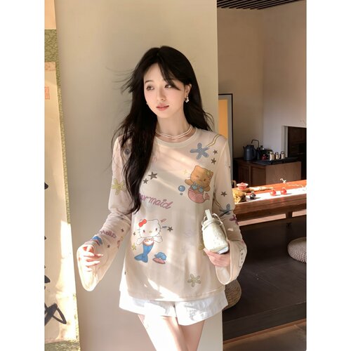 宽松套头微透字母猫咪长袖T恤女