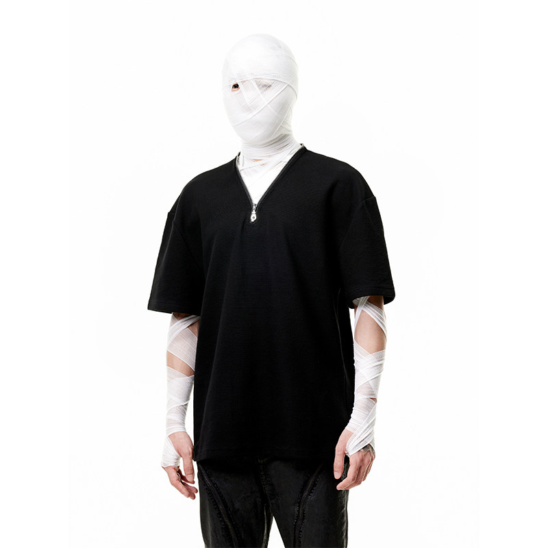 SCD人群华夫格暗黑拉链短袖T恤