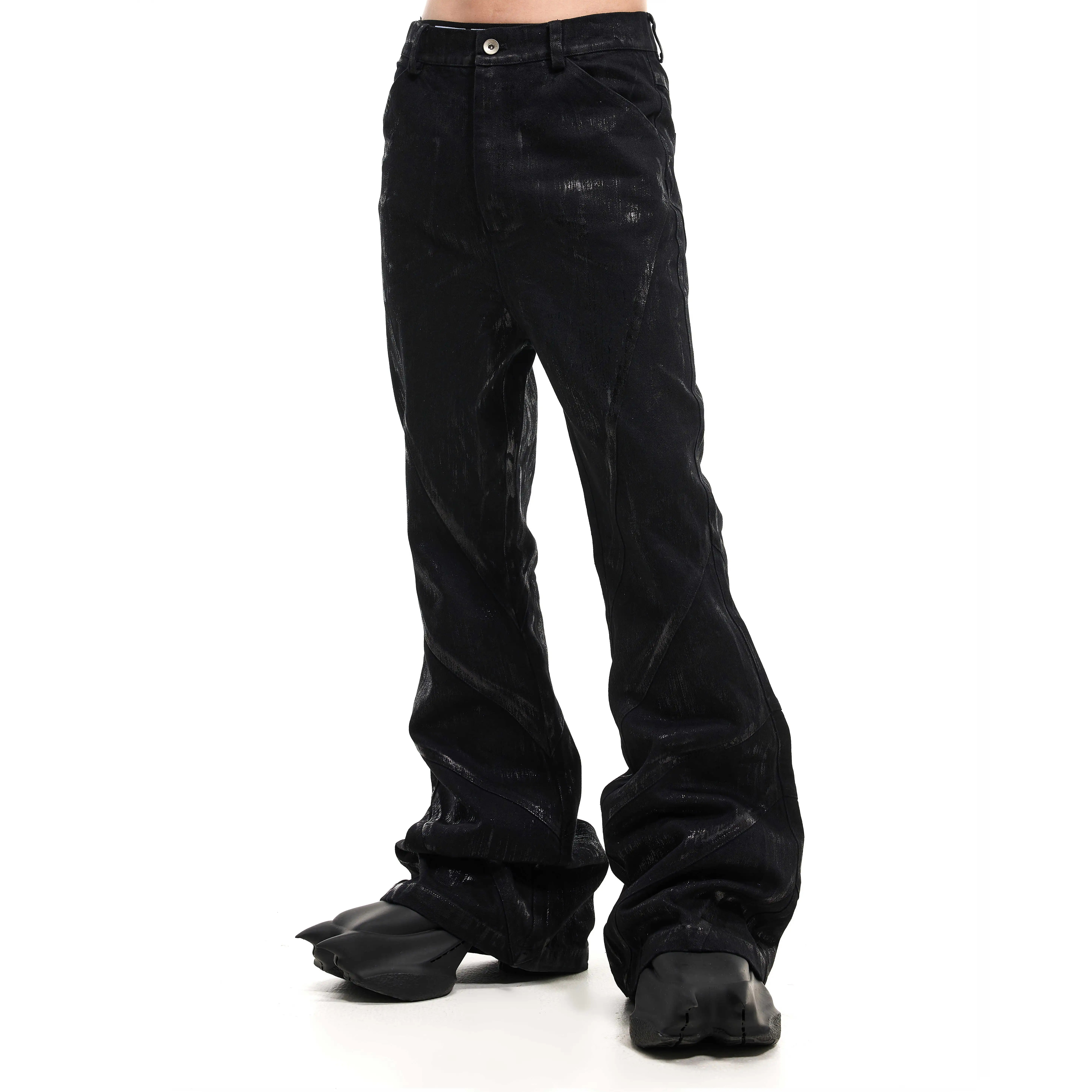 SCD crowd 24秋冬  手工刷蜡水洗复古修身堆积牛仔喇叭黑色长裤男