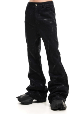 SCD crowd 24秋冬  手工刷蜡水洗复古修身堆积牛仔喇叭黑色长裤男