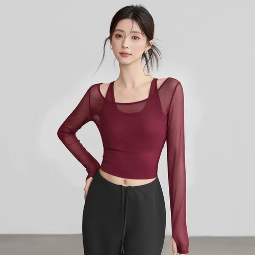 带胸垫长袖瑜伽t恤女假两件