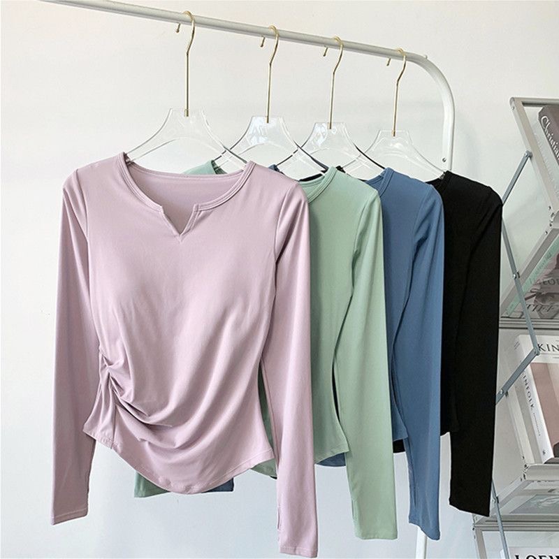 秋冬瑜伽服女裸感速干V领健身上衣弹力修身跑步运动训练显瘦