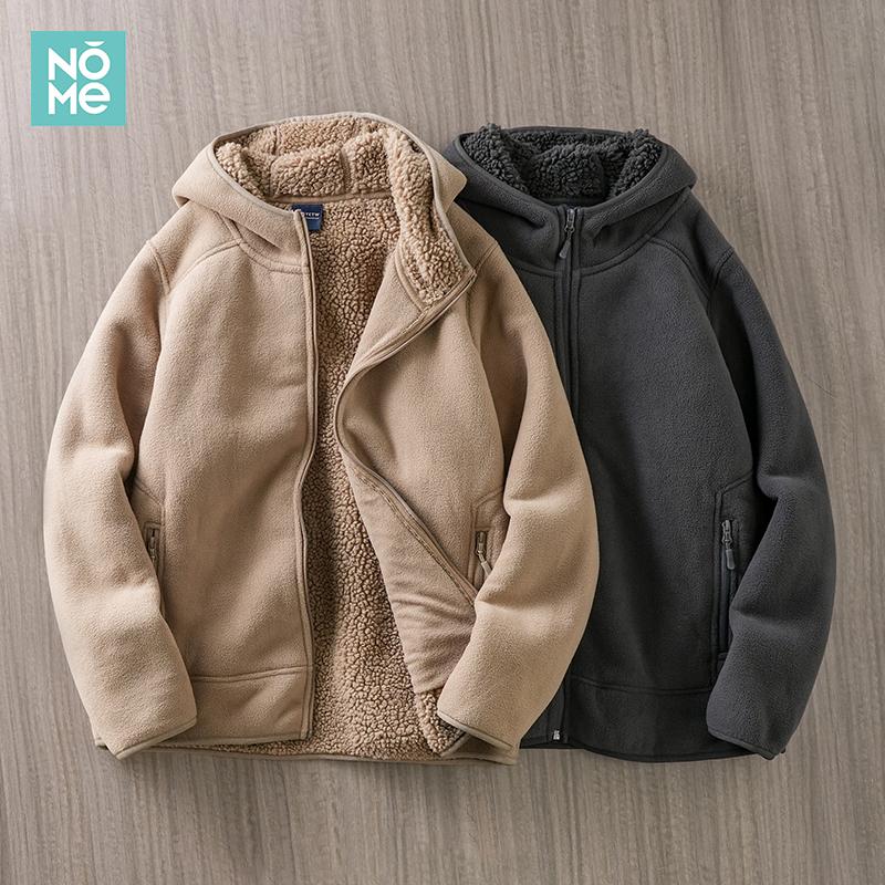 摇粒绒加绒加厚保暖外套男连帽