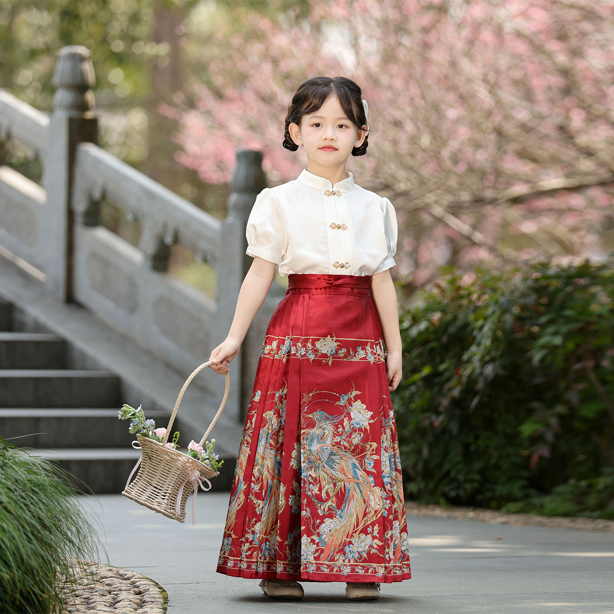 青蛙王子2025春夏款马面裙女中大童新中式汉服中国风套装短袖上衣