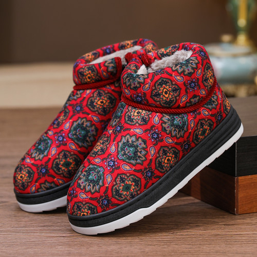 冬季东北花棉鞋女加厚绒高包跟棉拖鞋老人居家外穿防滑厚底妈妈鞋