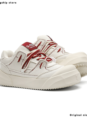 奇安达帆布鞋女款2025新款休闲板鞋百搭厚底开口笑大头鞋复古白色