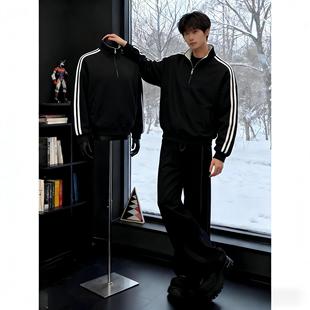 特大码300斤三条杠半拉链卫衣男女秋冬加绒情侣宽松休闲外套上衣