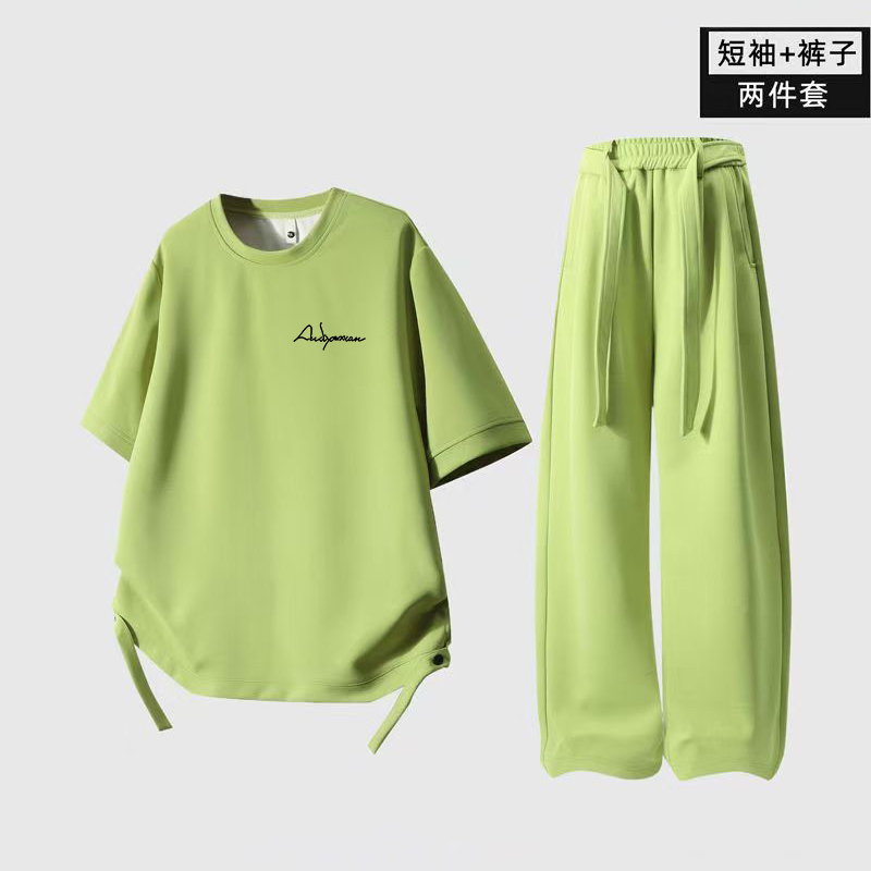 大码300斤绿色多巴胺短袖男夏女季休闲运动t恤设计感飘带裤子套装