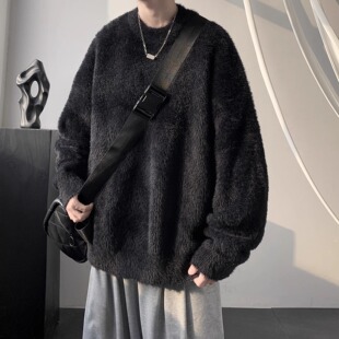 大码300斤毛衣男冬季新款软糯慵懒圆领套头线衣外套打底针织衫ins