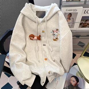 无男女春秋宽松小众痞帅情侣衫 大码 300斤韩系重磅多巴胺刺绣开衫