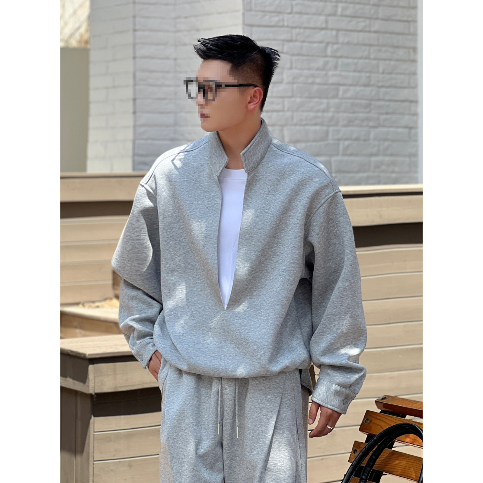 高端假两件立领宽松套装男春秋季