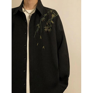 大码300斤新中式国风竹叶衬衫男装防晒衣长袖潮牌高级感汉服衬衣2