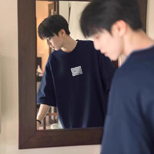 大码300斤男装藏青色重磅国潮官印t恤美式短袖男款穿搭宽松半截袖