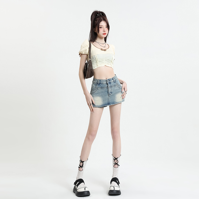 辣妹美式复古水洗高腰牛仔半身裙