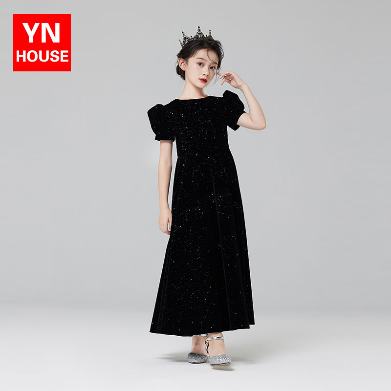 黑色高端轻奢主持人女童礼服