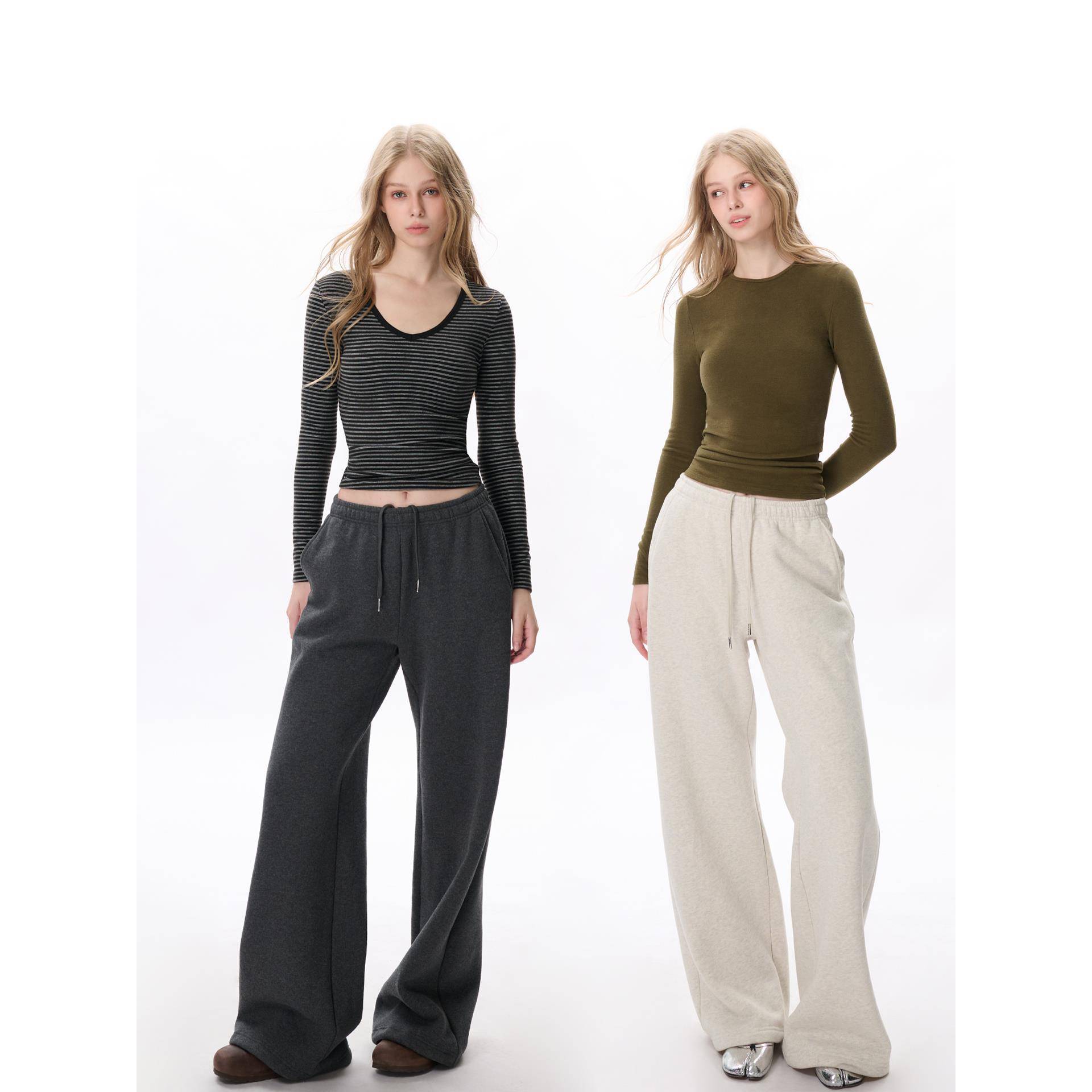 yuuue直筒纯棉卫裤女2025年冬季新款抽绳磨毛加绒保暖阔腿休闲裤