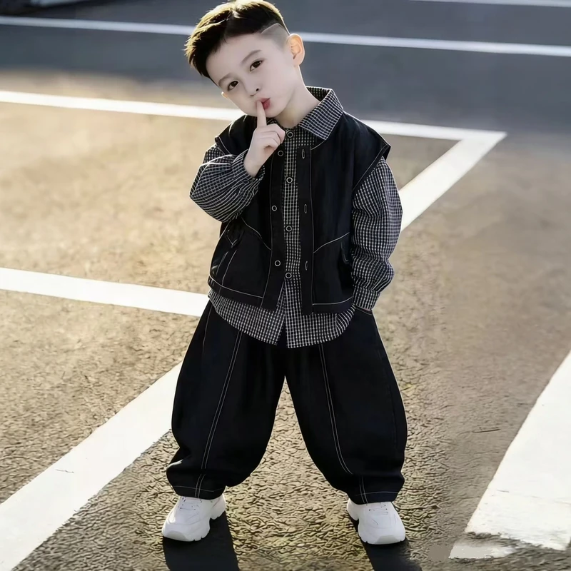 男童春款痞帅牛仔马甲三件套