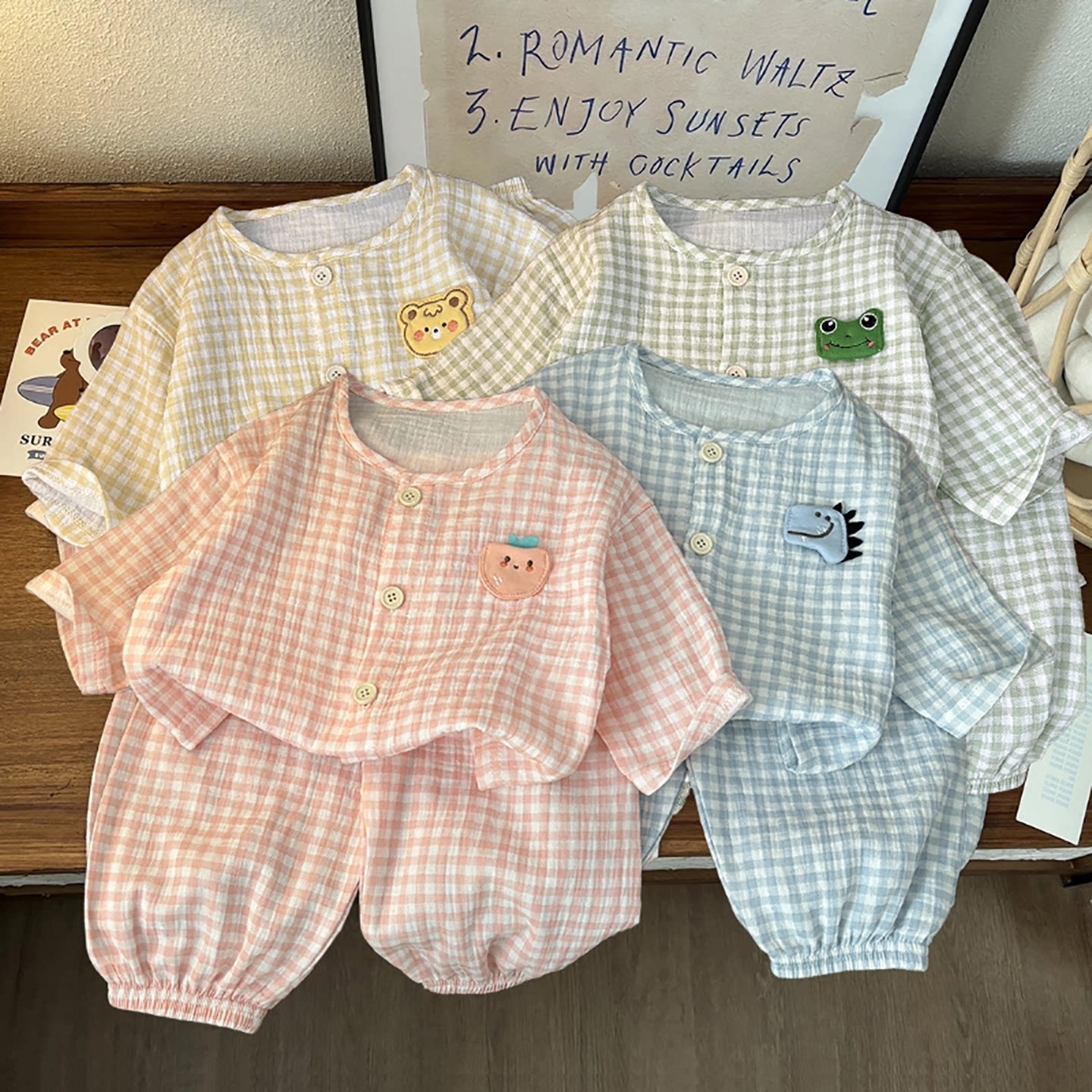 男女童格子纱布云朵棉家居服套装