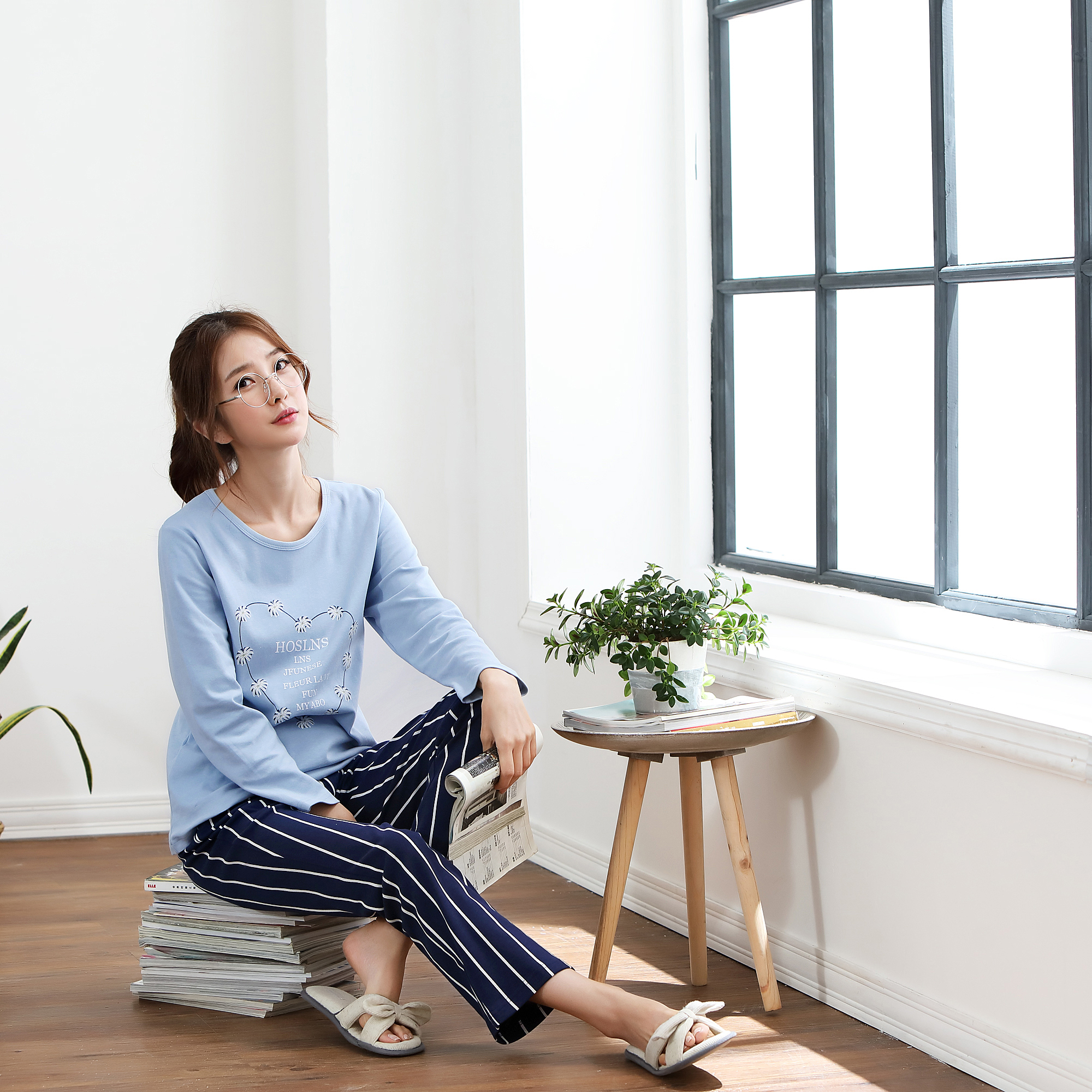 2025年春季新款女装长袖睡衣学生套装100%纯棉韩版休闲简约家居服