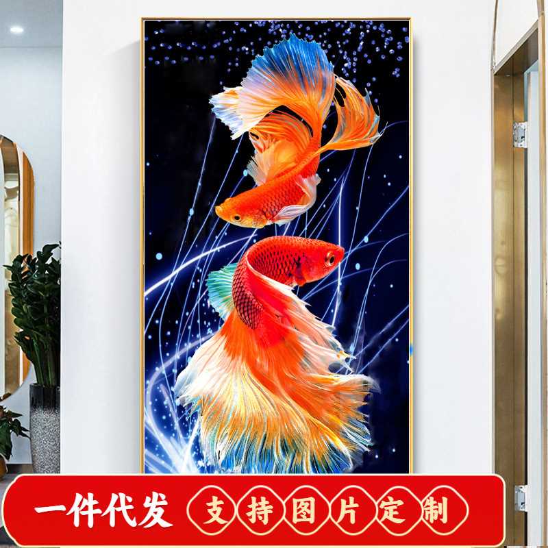 锦鲤纳福钻石画2022新款客厅玄关竖版5d点贴钻双鲤鱼十字绣钻石绣