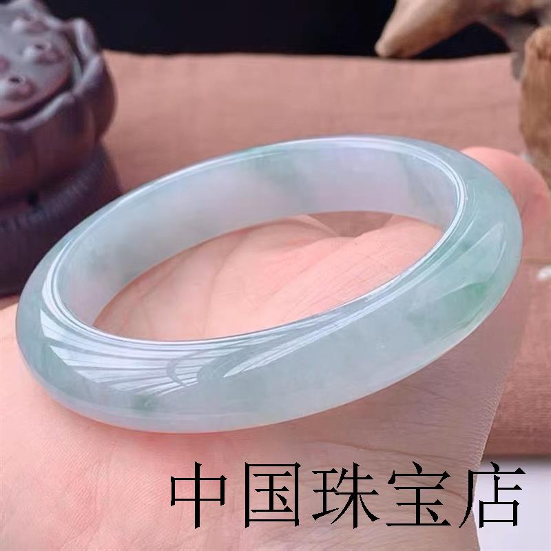 缅甸高端翡翠色手镯冰糯种飘绿手镯正圈镯飘花玉手镯精品款百搭