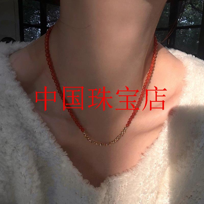 南红玛瑙满红色樱桃红小米珠锁骨链新中式国风碎银子项链原创女款